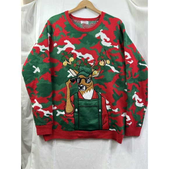 Ugly Christmas Sweater Size XL 46-48 Deer Hunting Built-in Drink Holder Camo - Picture 10 of 16